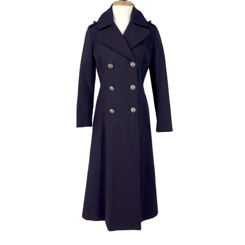 DKNY Double Breasted Long Military Double Breasted Coat Navy Blue XS Wool Blend